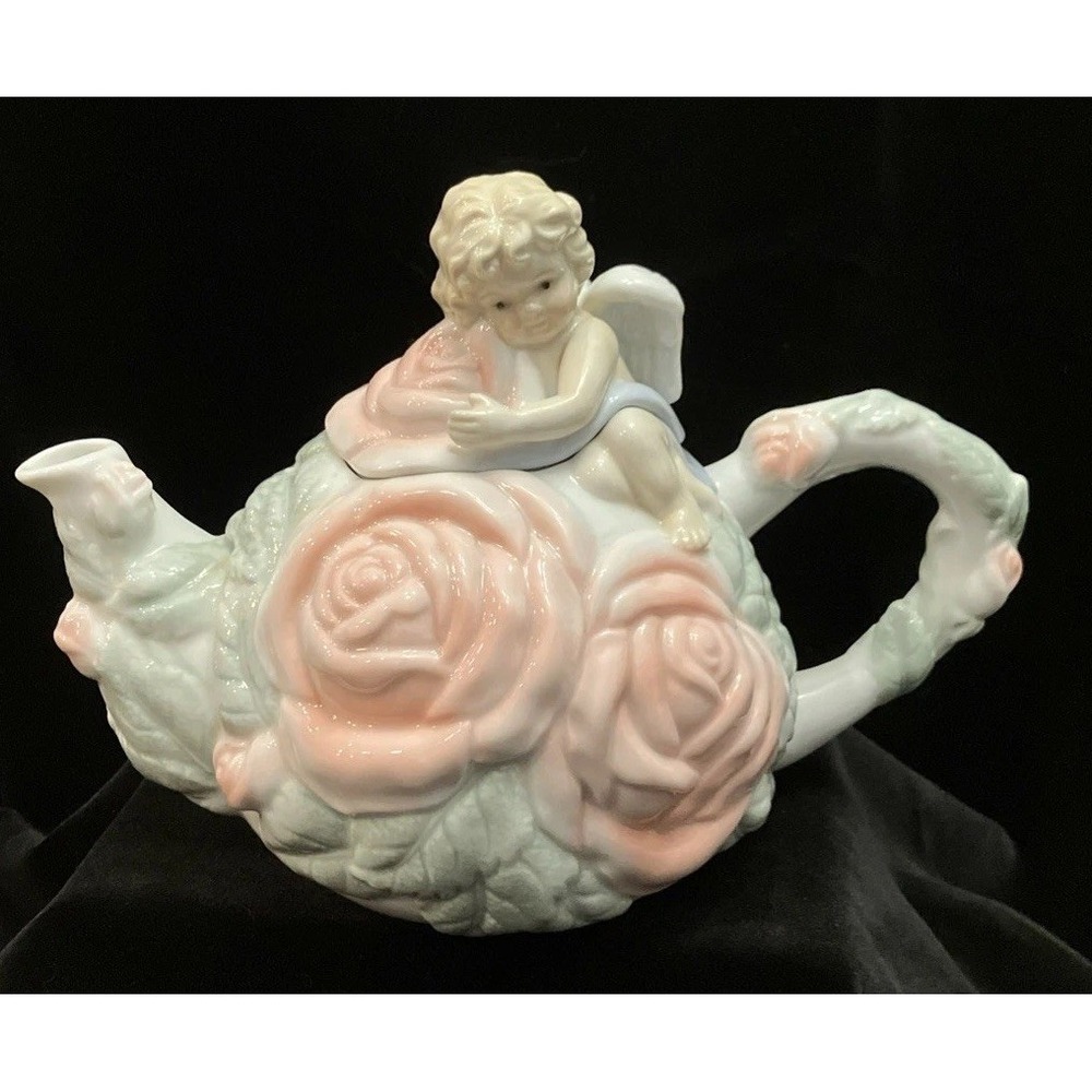 Avon Cherub & Pink Rose Porcelain Display Teapot Victorian Angel Vintage 1990s